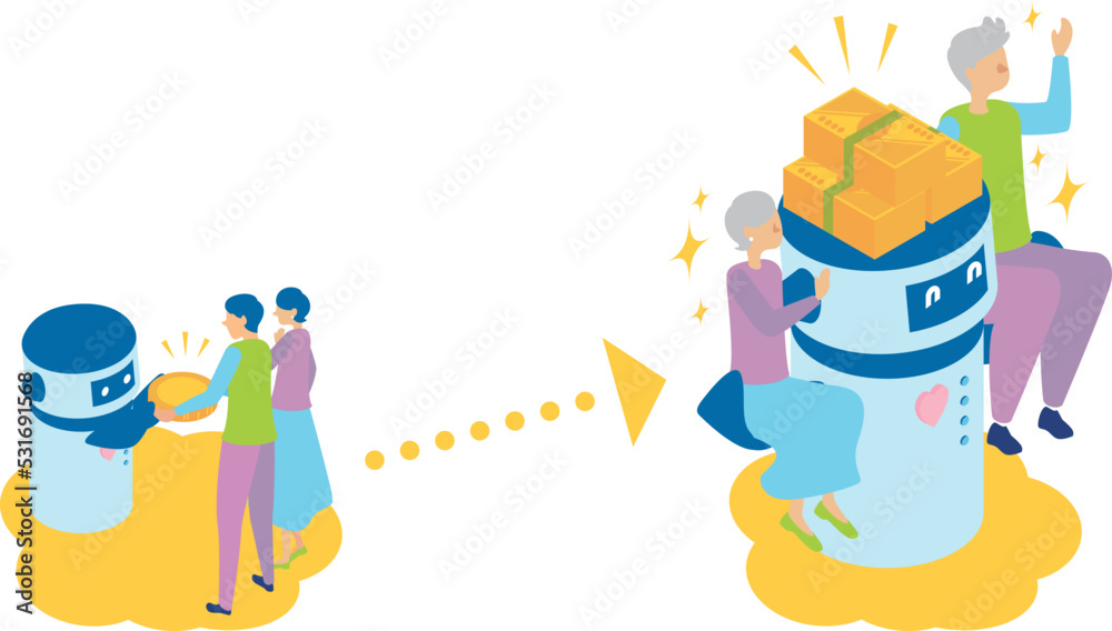 Naklejka premium ロボットから投資のアドバイスを受ける男性と女性の明るい未来