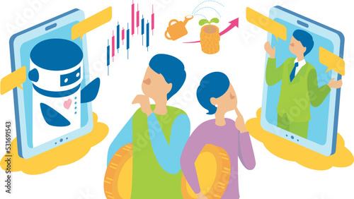 専門家やロボットから投資のアドバイスを受ける男性と女性