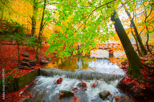 Sevenlakes (Yedigöller) National Park, the most beautiful colors of autumn, the waterfall was brought to light with the long exposure technique. photo