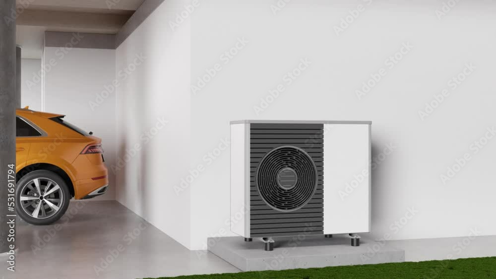 Air heat pump outdoors. Modern, environmentally friendly heating. Save your money with air pump. Air source heat pumps are efficient and renewable source of energy. 3d animation.