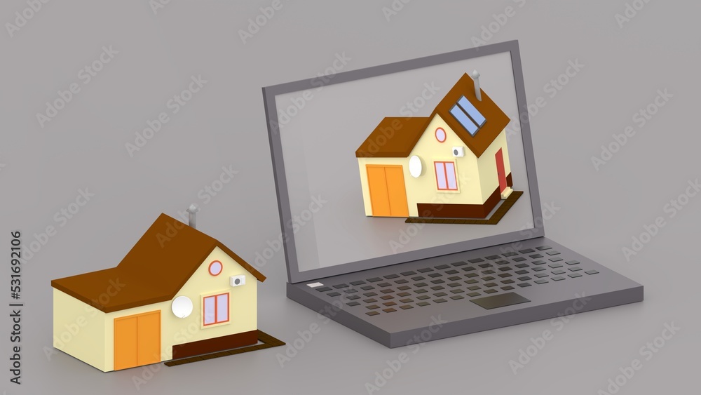 Laptop with small house with solar panels on screen and near it. Isometric computer business and technology background 3d illustration. Home Solar panels energy efficiency