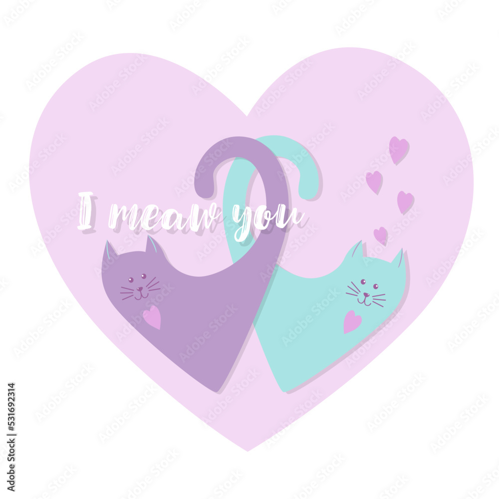 Cat and heart I meow you postcard, Valentines day, love, wedding, congratulations. Vector illustration Cat and heart I meow you postcard, Valentines day, love, wedding, congratulations. Vector illustration