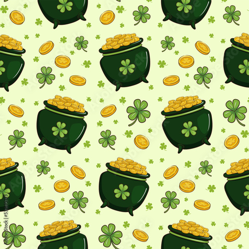 Seamless Pattern With Pot Of Golden Coin And Shamrock, St Patricks Day