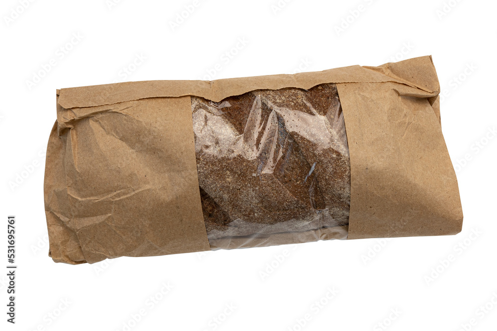 homemade freshly baked traditional rye bread isolated on white background, top view, whole loaf of rustic organic cereal bread with crispy crust in paper package homemade freshly baked traditional rye bread isolated on white background, top view, whole loaf of rustic organic cereal bread with crispy crust in paper package
