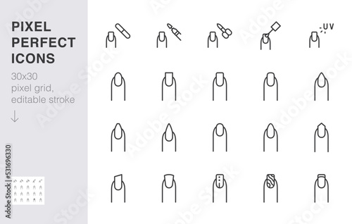 Manicure line icon set. Nail shape types - round, french, ballerina, stiletto, gel polish minimal vector illustration. Simple outline sign for beauty salon app ui 30x30 Pixel Perfect Editable Stroke photo