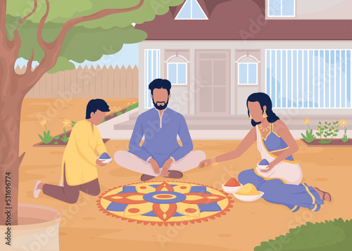 Creating flower rangoli with family flat color vector illustration. Traditional indian custom. Diwali festival preparation. Fully editable 2D simple cartoon characters with house on background