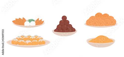 Traditional Diwali snacks semi flat color vector objects set. Editable elements. Full sized items on white. Simple cartoon style illustrations collection for web graphic design and animation