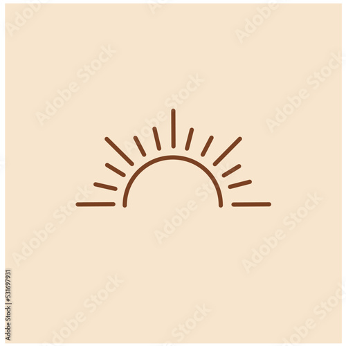 sun logo, sunset sunrise with beach ocean sea water logo icon vector in trendy line linear boho style, abstract outline logo vector for wal art