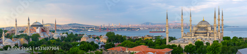 Blue mosque and Hagia Sophia photographed as aerial view panorama photo