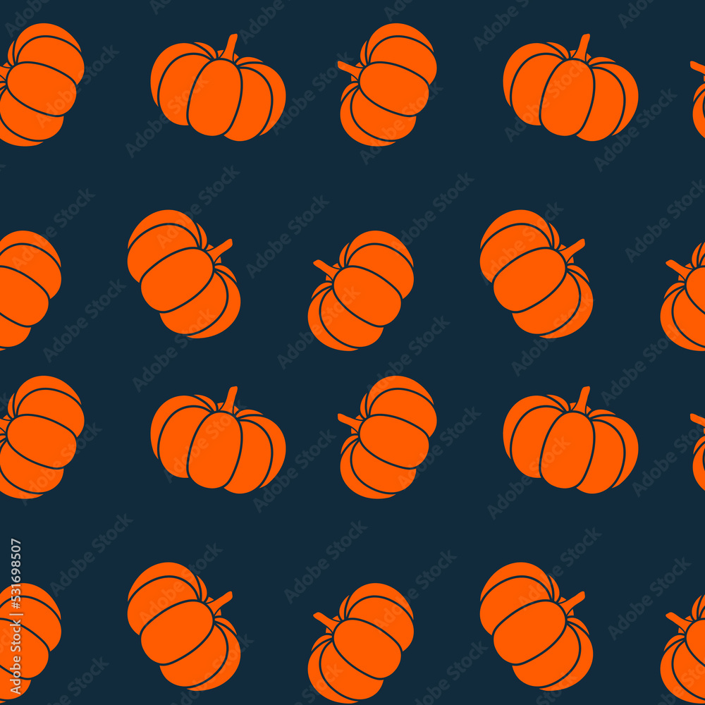 Seamless pattern with cozy orange pumpkins on the dark background. Vector cartoon illustration, hello autumn. Thanksgiving day background. Hygge time. Halloween party decor for holiday mood.