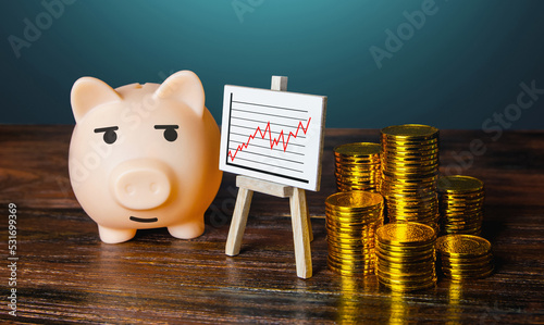 Pig piggy bank is satisfied with profit growth indicators. Growth in profits, value of stocks shares and commodities. Deposit revenue. Make a good deal. Successful business, dynamic development. photo