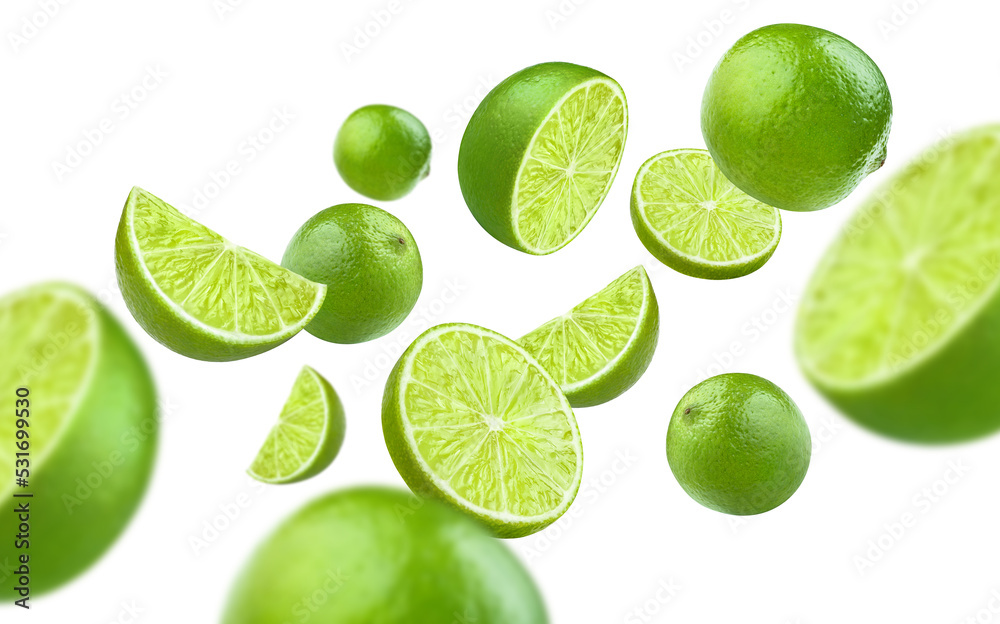 Flying lime fruits, isolated on white background