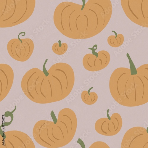 illustration, pattern. a lot of autumn cute orange pumpkins on a pastel beige background