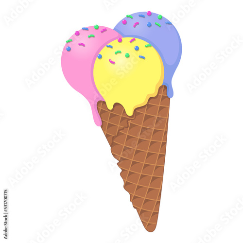 Ice cream waffle cone with 3 scoops with sprinkles and drips.