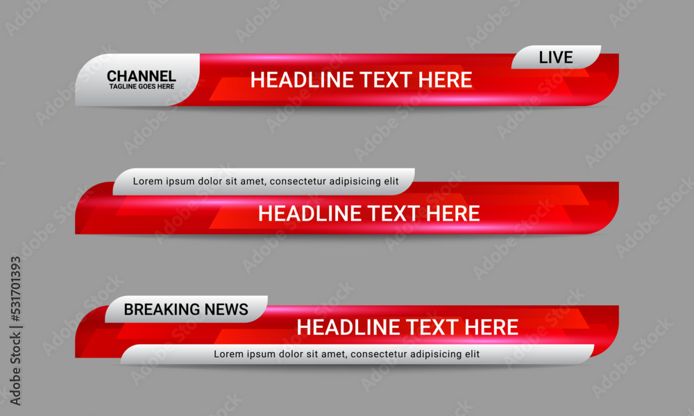 Set of broadcast news lower third banner templates for Television, Video and Media Channels. Futuristic headline bar layout design vector - obrazy, fototapety, plakaty 