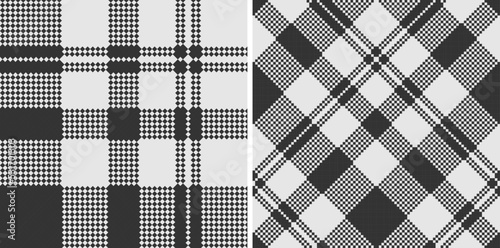 Set black and white check plaid seamless vector pattern.