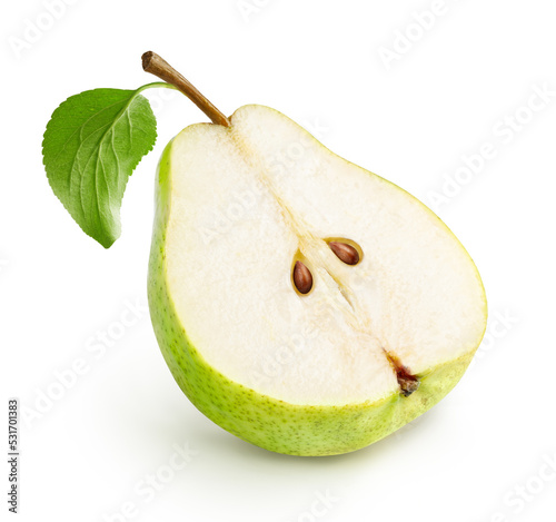 Half of green pear with pear leaf on white background. Slice of pear isolated.