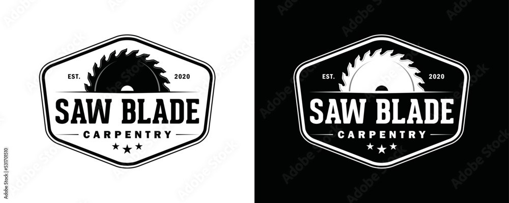 Fototapeta premium Saw blade or sawmill carpentry for cutting wood symbol icon vintage logo vector.