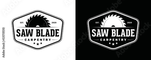 Saw blade or sawmill carpentry for cutting wood symbol icon vintage logo vector.