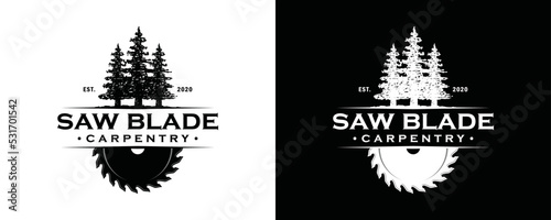 Saw blade or sawmill carpentry for cutting wood with pine or fir tree symbol icon vintage logo vector.