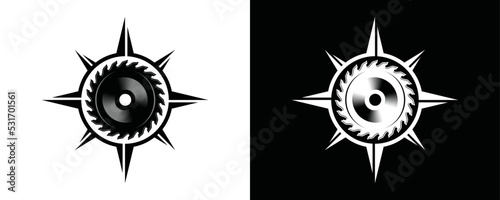 Saw blade or sawmill with compass symbol icon vector.
Circular saw blade can compass silhouette logo design
