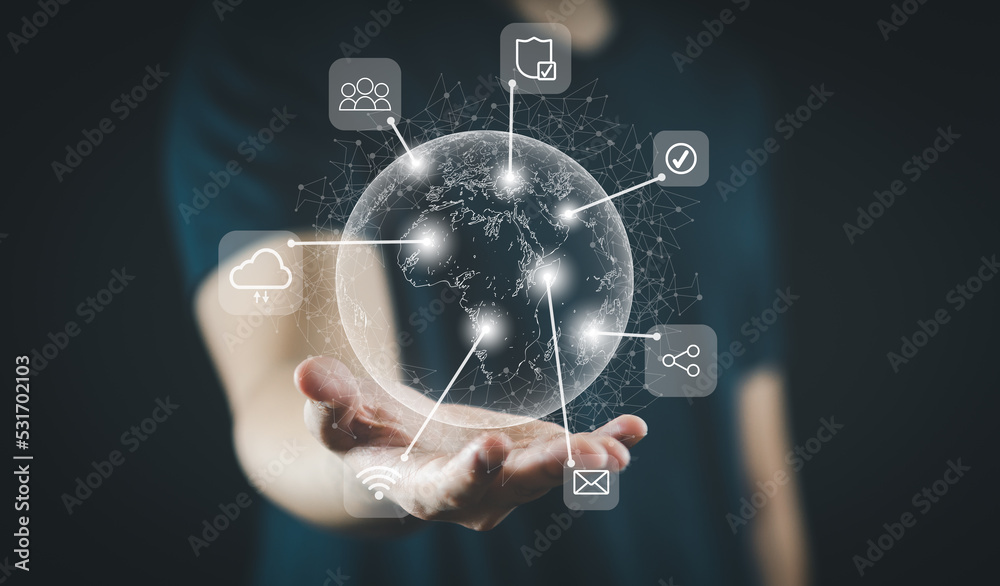 Human hand holding virtual globe in concept future innovative networking connection communication technology with internet of things. Human hand holding virtual globe in concept future innovative networking connection communication technology with internet of things.