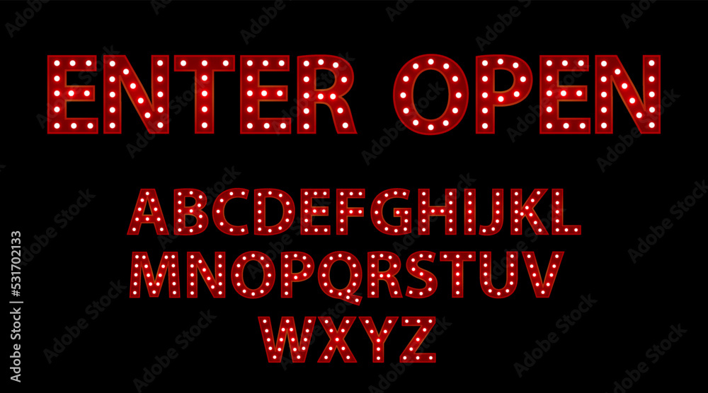 Enter open. Red letters with luminous glowing lightbulbs. Vector web typography words design. Bright signboard signage. Enter open. Red letters with luminous glowing lightbulbs. Vector web typography words design. Bright signboard signage.