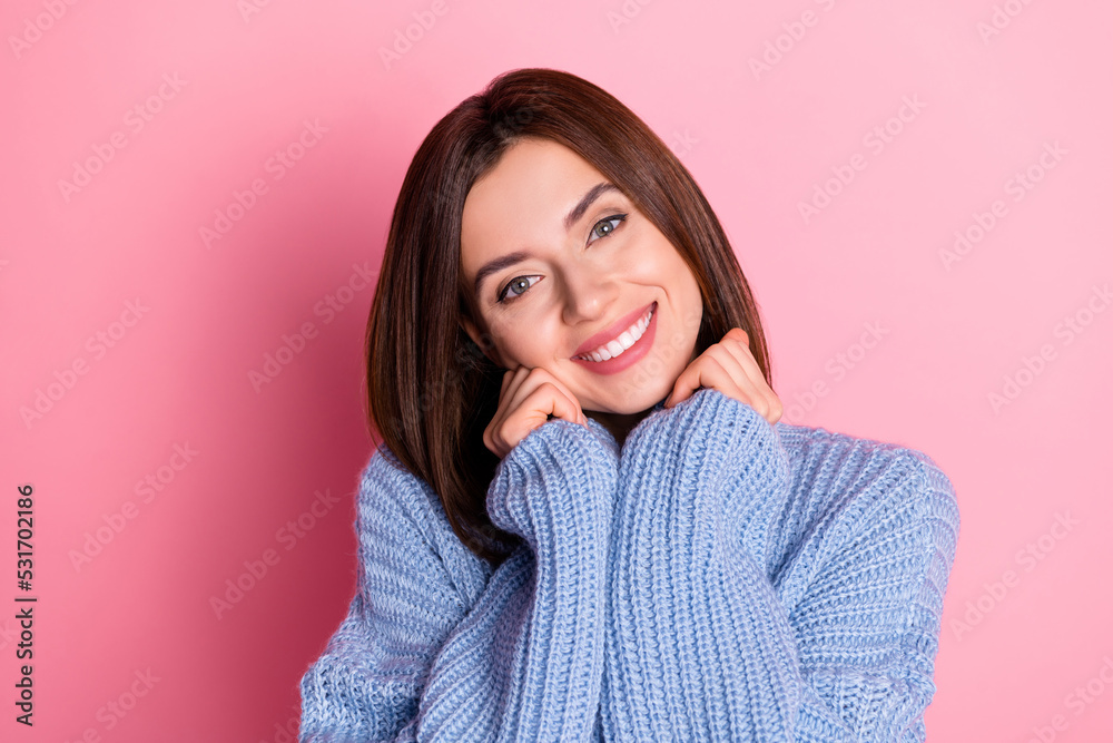 Fototapeta premium Closeup photo of young girlish attractive lady looking directly you want attention love presents isolated on pink color background