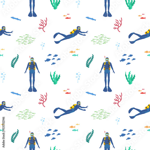 Seamless pattern with scuba divers in different poses, fishes and seaweeds flat style