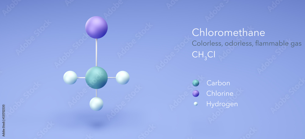 chloromethane, molecular structures, flammable gas, ball and stick ...