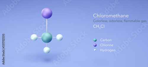 chloromethane, molecular structures, flammable gas, ball and stick model 3d, Structural Chemical Formula and Atoms with Color Coding photo