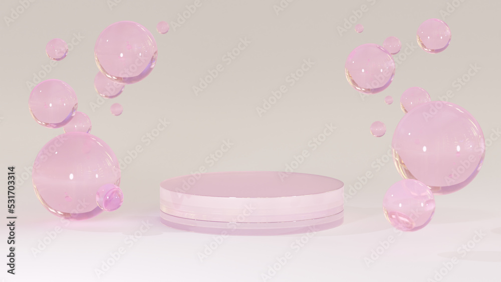Cosmetics display stand. The glass podium stands on a bright background. 3D rendering of Cosmetics Pink bubbles on defocus background. Cosmetics display stand. The glass podium stands on a bright background. 3D rendering of Cosmetics Pink bubbles on defocus background.