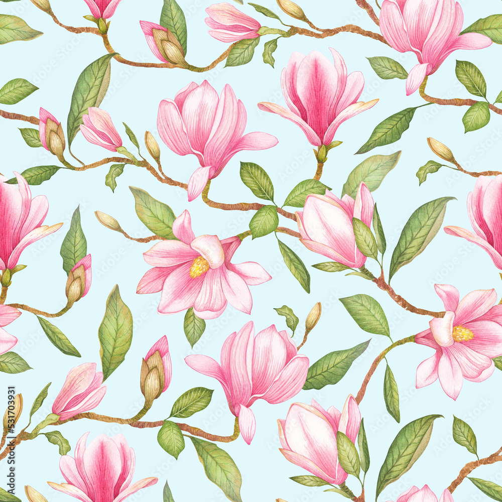 Watercolor illustration with pink magnolia flowers. Pattern on isolated blue background for your design, wrapping paper, etc