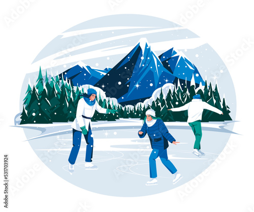 eople ride skates on a mountain pond. Coniferous forest, snow, mountain peaks. Season landscape. Flat vector illustration
