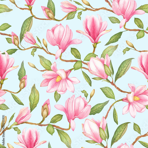 Watercolor illustration with pink magnolia flowers. Pattern on isolated blue background for your design, wrapping paper, etc