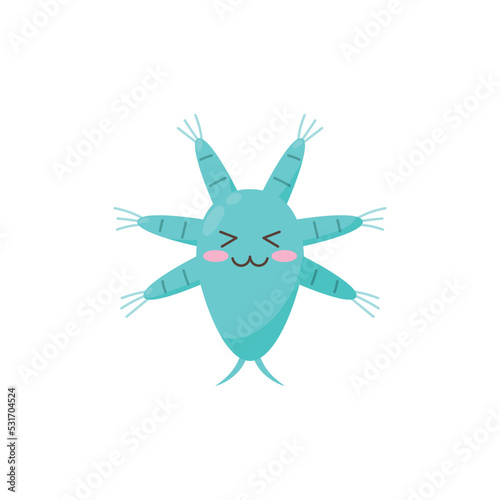 Cute zooplankton with many arms and funny face expression, flat vector illustration isolated on white background.