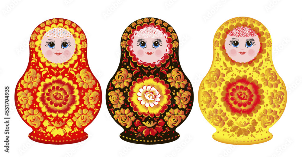 Wooden colored matryoshka doll. Russian nesting dolls. Vector image.