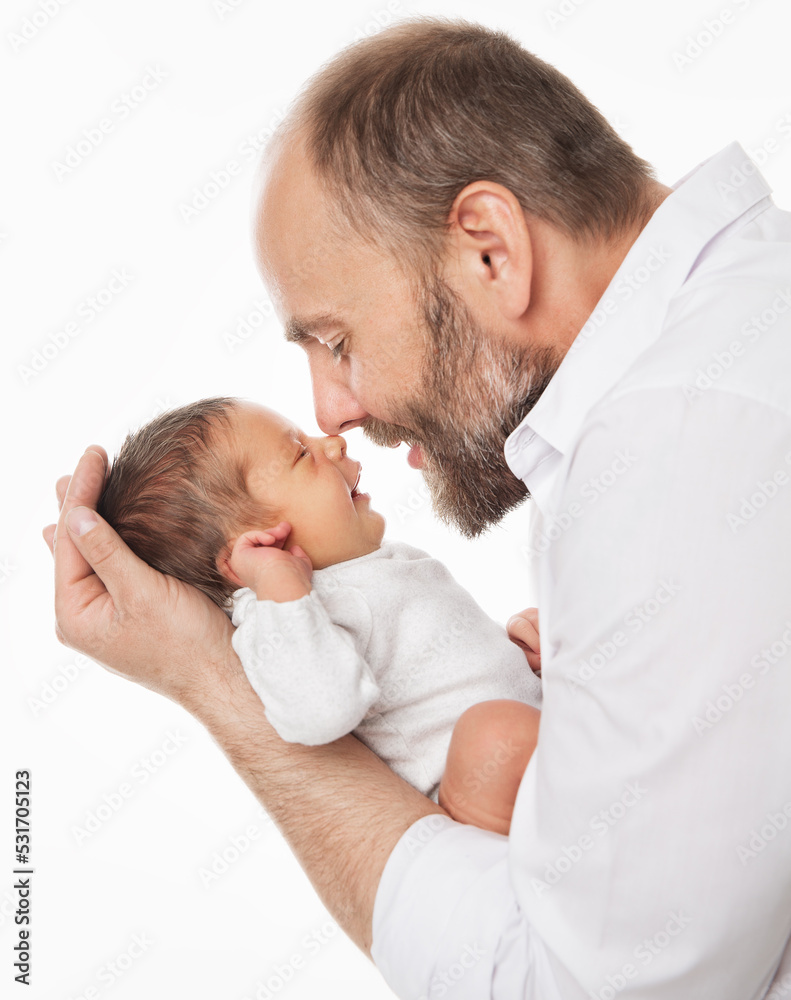 Father with Newborn. Happy Dad kissing Baby. Smiling Man holding one Month little Child in Hands over White. Parent playing with Infant. Kids Health Care and Parenting. Father with Newborn. Happy Dad kissing Baby. Smiling Man holding one Month little Child in Hands over White. Parent playing with Infant. Kids Health Care and Parenting.