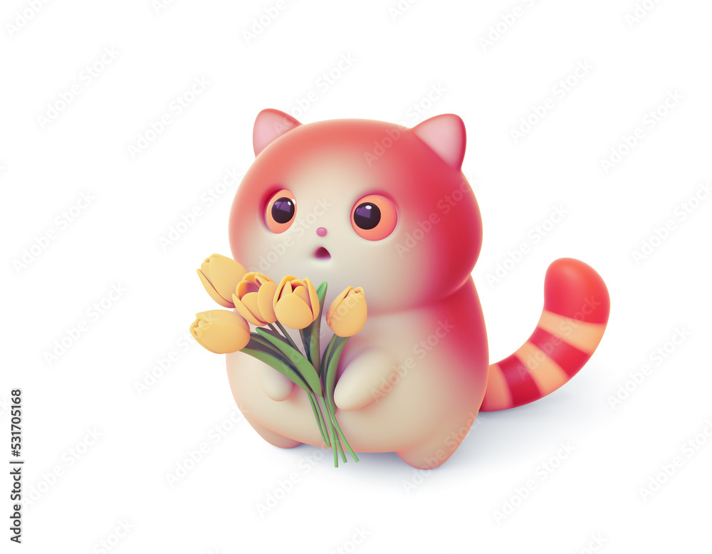 Obraz premium Kawaii cute fat red cat with open mouth, orange eyes, striped tail holding bouquet of yellow tulips in its paws congratulates you on March 8. Hello spring holiday. 3d render isolated on white backdrop
