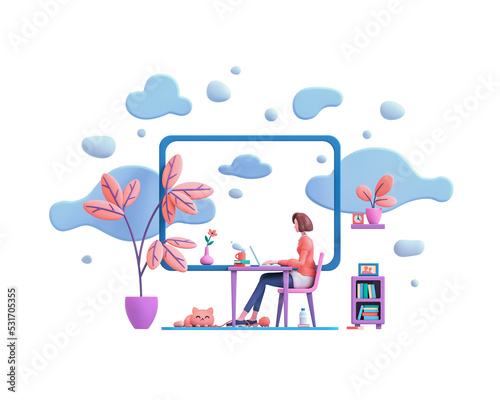 Casual brunette girl working on laptop from home  window view of sky blue clouds. Modern teenage girl room workplace  purple table  books  cat  coral color plants. 3d render isolated on white backdrop