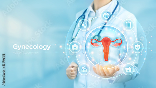 Gynecology medicine concept. Women's health. Doctor holding in hand the hologram of Female reproductive system and medical icons network connection on virtual screen. Vector illustration.