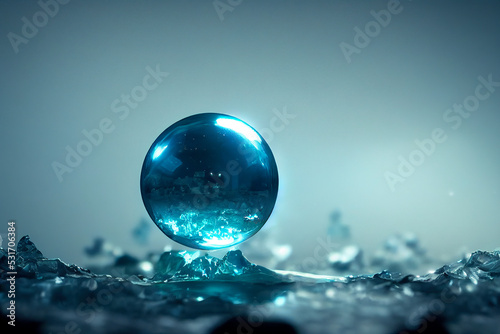 Ice cubes with an ice ball on the blue broken ice field. Cold winter background with snow and bokeh lights  festive backdrop. 3d illustration