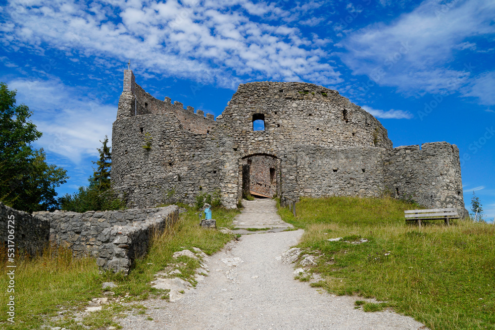 Ancient ruins of Eisenberg Castle or Burg Hohenfreyberg against the blue sky, Allgaeu, Bavaria, Germany