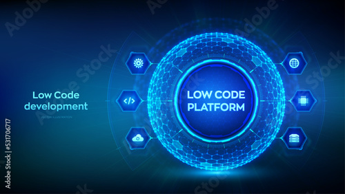 Low code platform. Low code development technology concept. LCDP easy coding. Hexagonal grid sphere on blue background. Vector illustration.