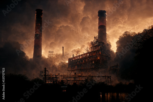 Macabre Scary Haunted Old Industrial Factory 3D Art Illustration. Derelict Spooky Industrial Buildings with Ghosts in Misty Night Scenic Background. AI Neural Network Generated Art Wallpaper