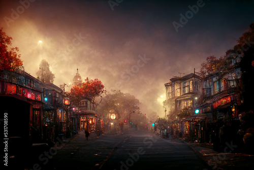 Mystical Empty Street of Autumn Evening Misty Old Small Town 3D Art Illustration. Witch Street of Ghost Oldtown Halloween Horror Movie Scenic Background. AI Neural Network Generated Art Wallpaper