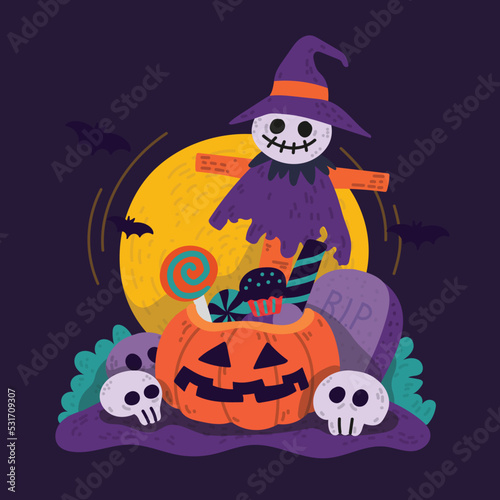 halloween background with pumpkin and scarecrow © okd88