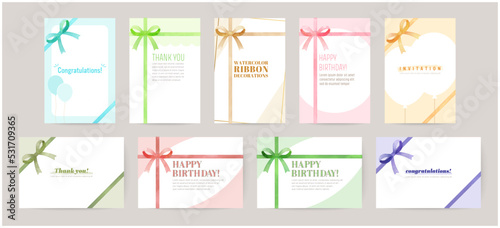 Ribbon-adorned card designs for greetings, birthday, invitation