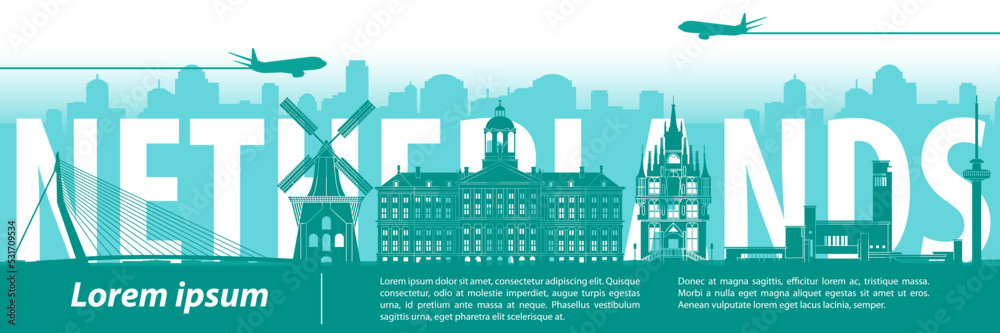 Netherlands famous landmarks by silhouette style,vector illustration
