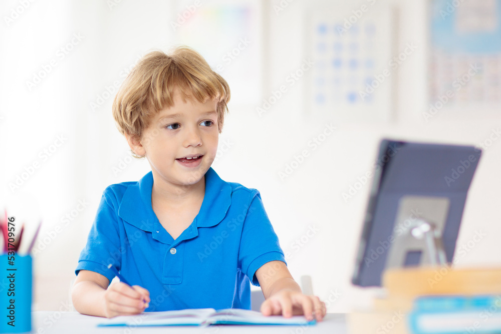 Online remote learning. School kids with computer. Online remote learning. School kids with computer.